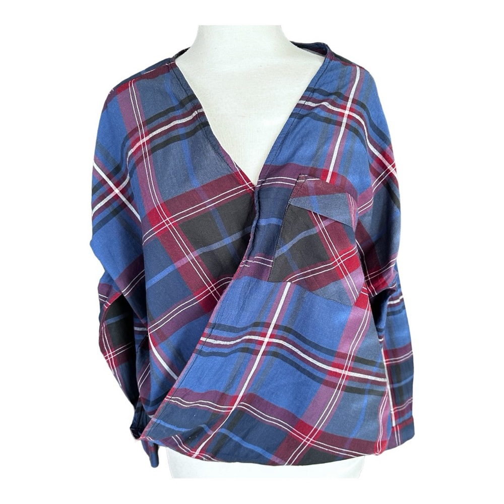 TWIK Plaid Wrap Front V-Neck Cotton Shirt Size P/S